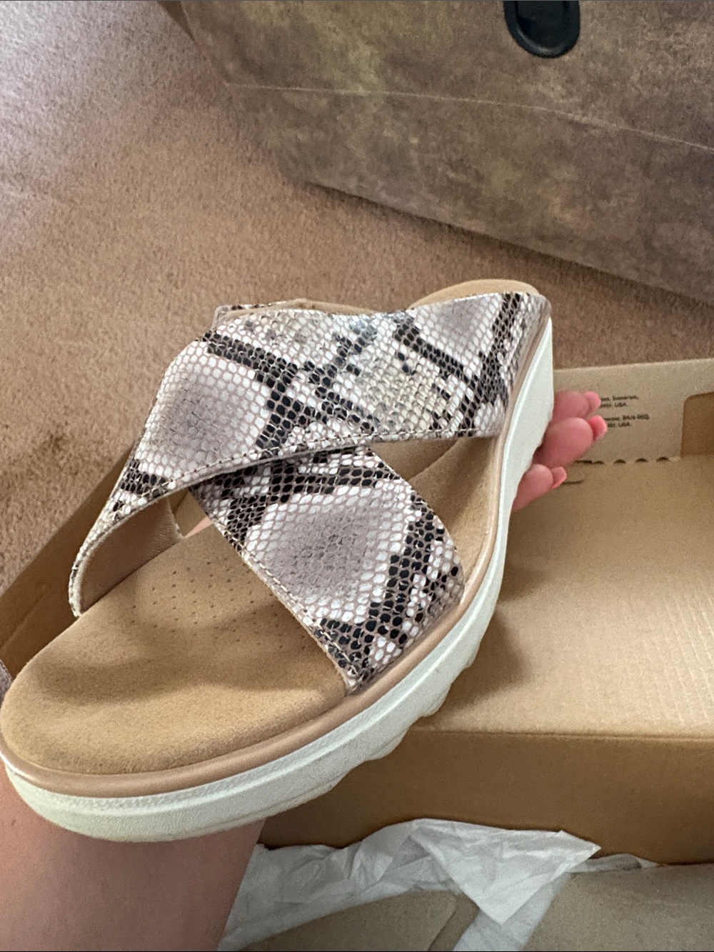 Clarks Women's Snake-Print Crisscross Slide Sandal in Beige and Black